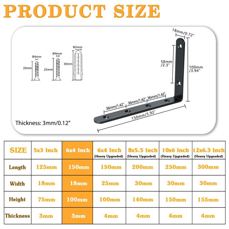 Alise Floating Shelf Brackets,Black Bracket for Shelves Heavy Duty L Bracket Corner Brace,Joint Angle Brace for Wood,6x4 Inch(Pack of 4) - Image 2